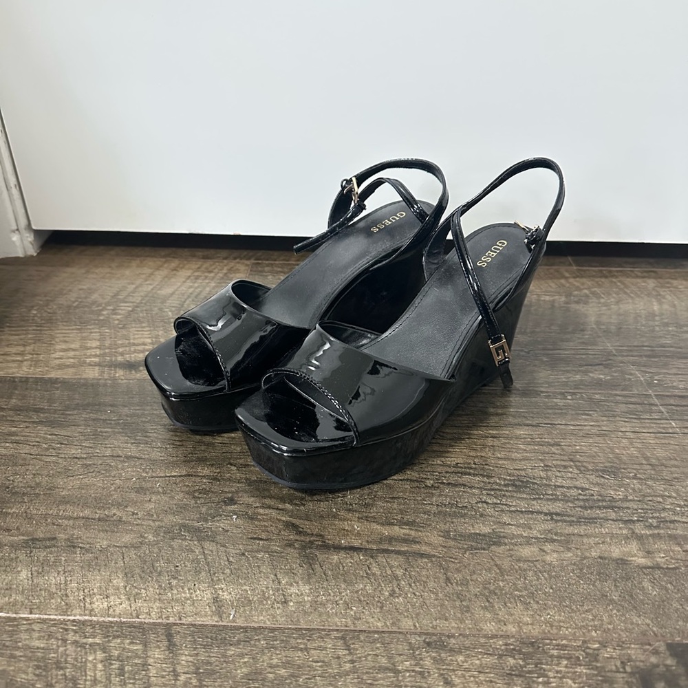 Guess Shiny Black Wedge Sandals